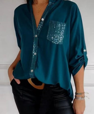 Casual top met patchwork pailletten